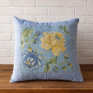 April Cornell Needlepoint Pillow Yellow Floral Blue Ticking Grandmillennial 15"